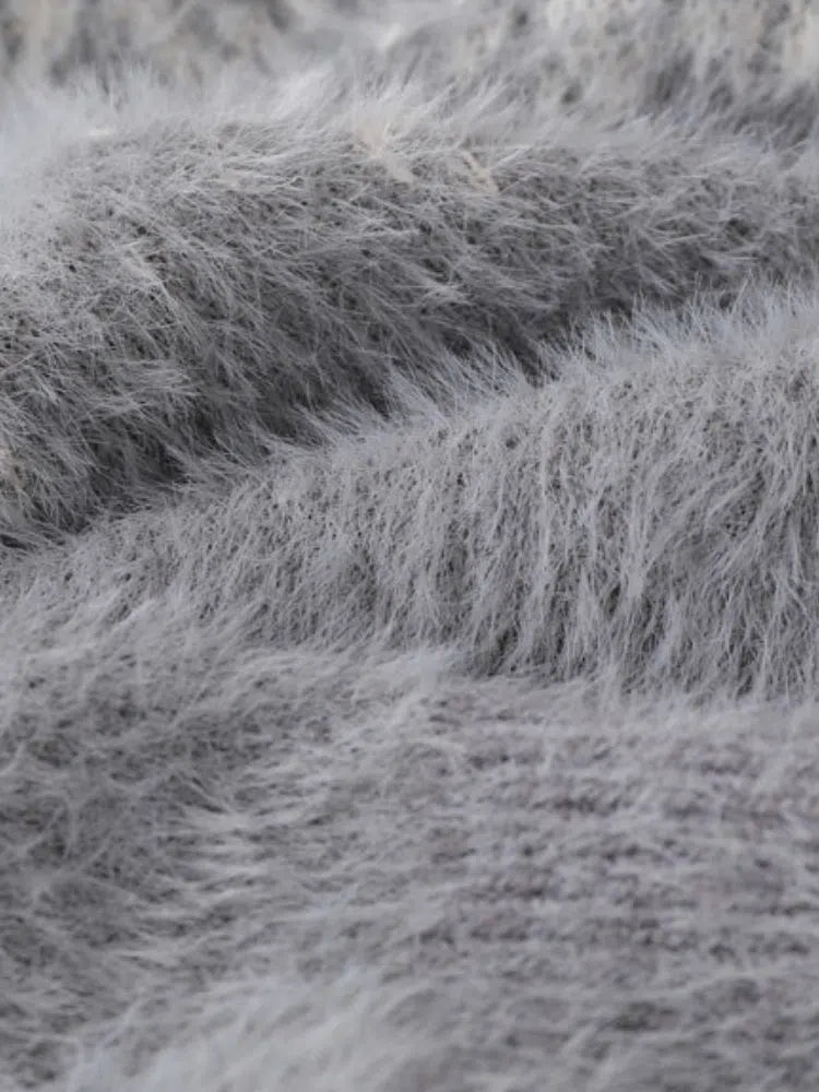 GRAY AND WHITE FUZZY SWEATER WITH STAR LOGO SOFT MOHAIR SWEATER