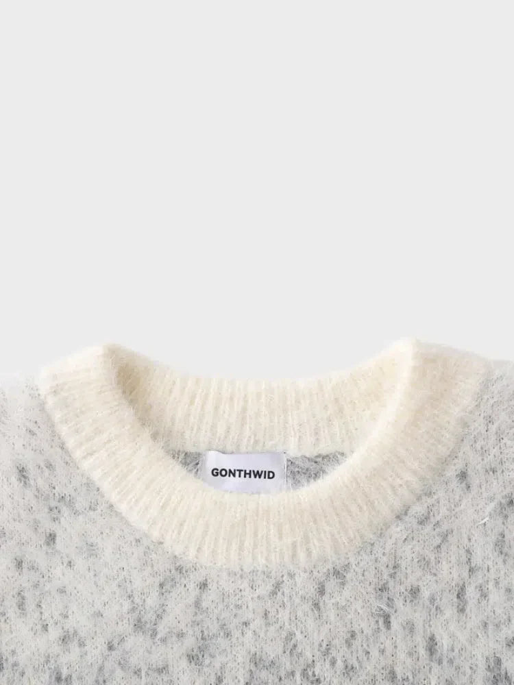 GRAY AND WHITE FUZZY SWEATER WITH STAR LOGO SOFT MOHAIR SWEATER