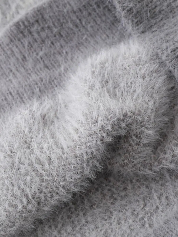 GRAY AND WHITE FUZZY SWEATER WITH STAR LOGO SOFT MOHAIR SWEATER