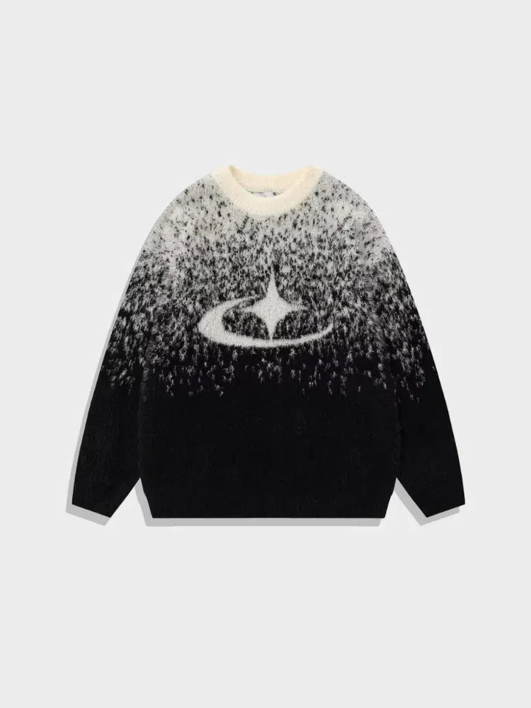 GRAY AND WHITE FUZZY SWEATER WITH STAR LOGO SOFT MOHAIR SWEATER