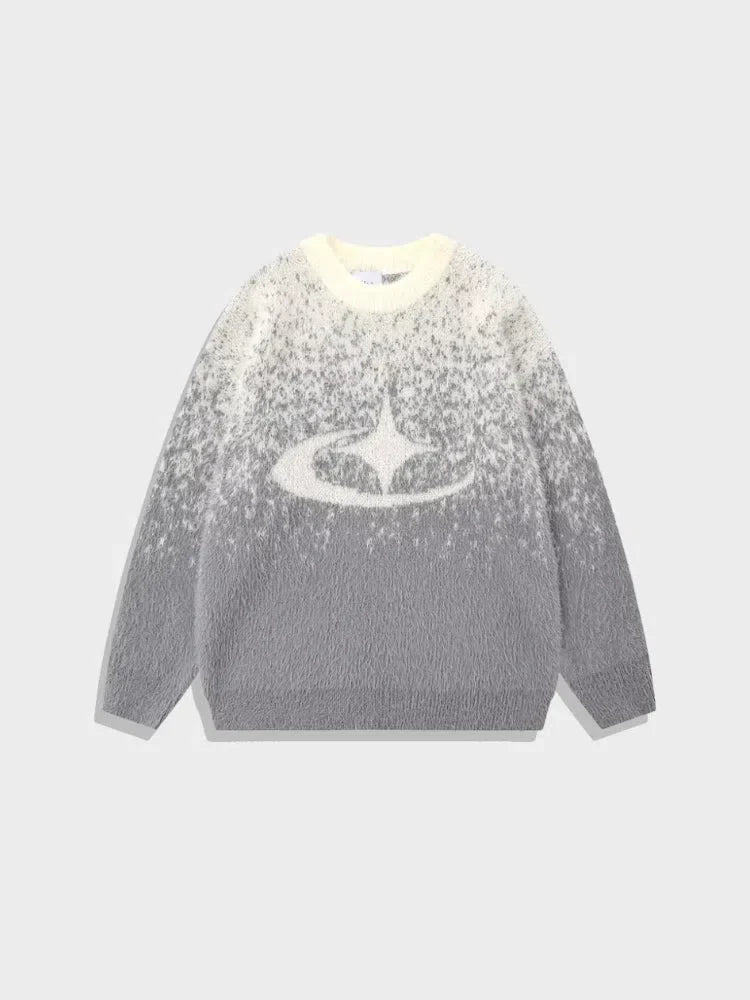 GRAY AND WHITE FUZZY SWEATER WITH STAR LOGO SOFT MOHAIR SWEATER