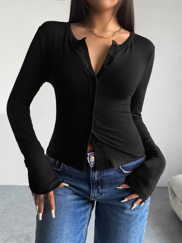 Solid color black button-down long sleeve top from Solid Color Cardigan product line