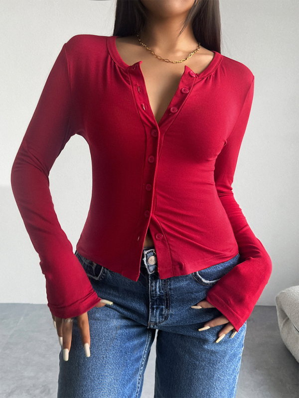 Red solid color button-down long-sleeve top from Solid Color Cardigan collection