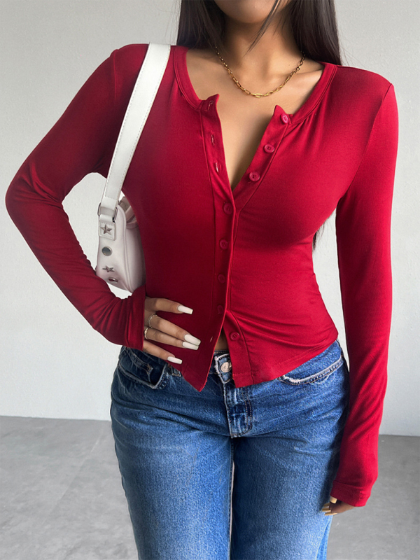 Red solid color button-down long sleeve shirt displayed in Solid Color Cardigan T-Shirt collection