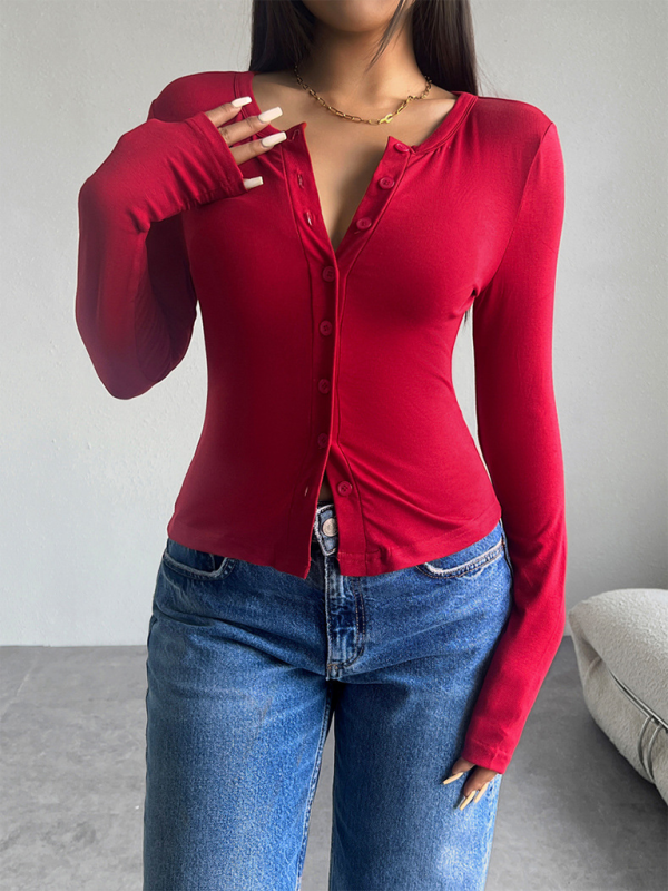 Red solid color button-down long-sleeve shirt displayed in a product image