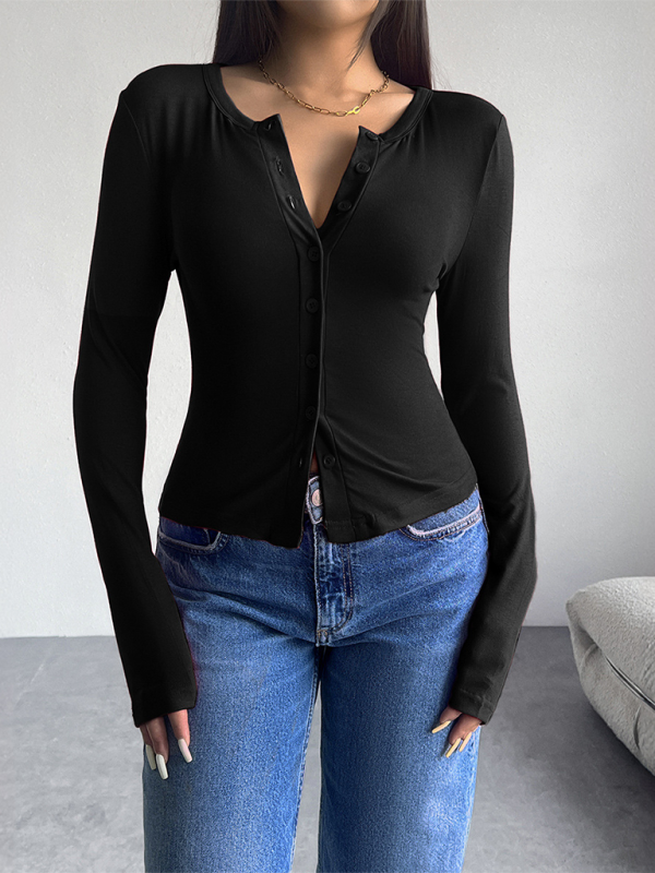 Black solid color button-down long-sleeve top from Solid Color Cardigan collection