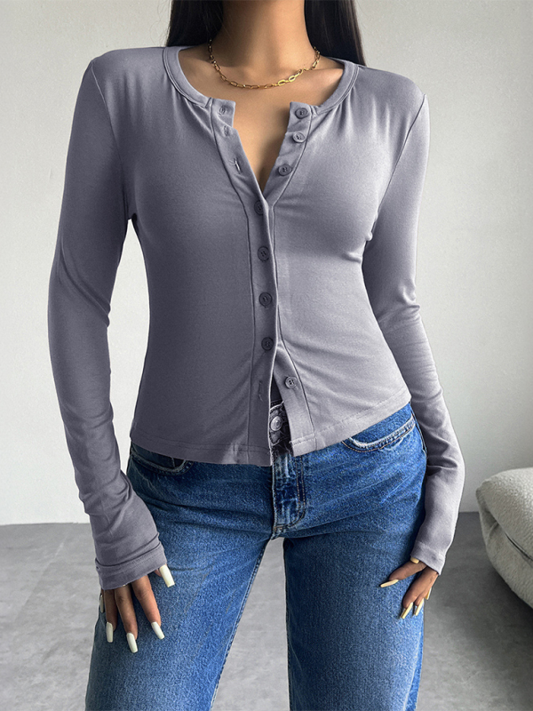 Gray solid color button-down long sleeve shirt displayed in the Solid Color Cardigan series