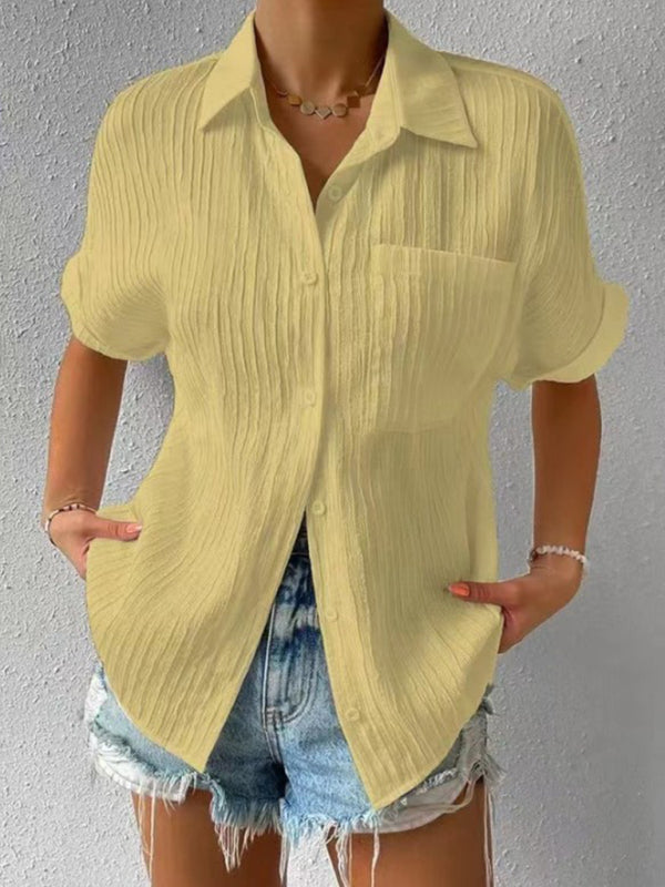Solid Color Comfortable Casual Sweet Lapel Pocket Cardigan Short Sleeve Shirt - Yellow / S