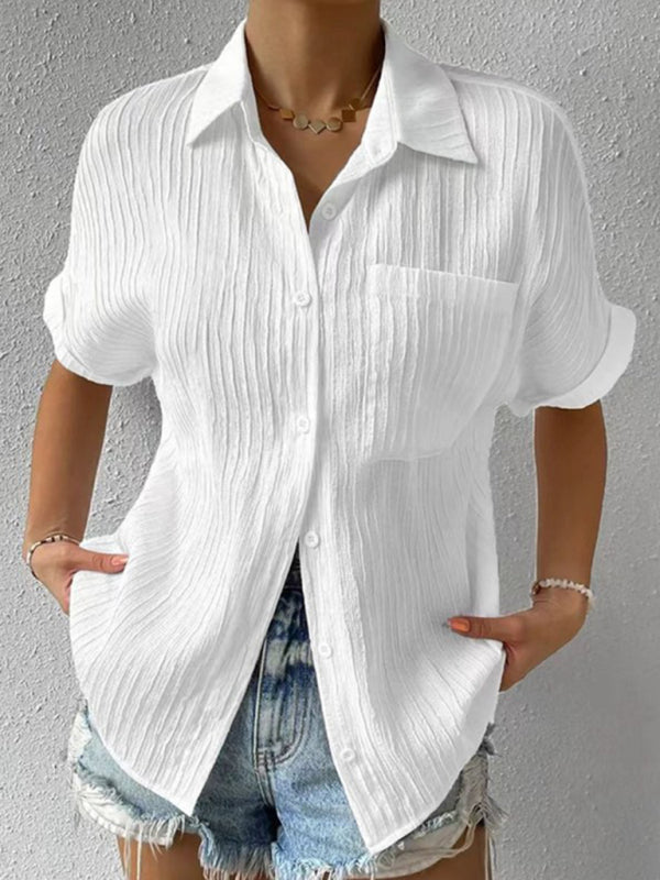 Solid Color Comfortable Casual Sweet Lapel Pocket Cardigan Short Sleeve Shirt - White / S