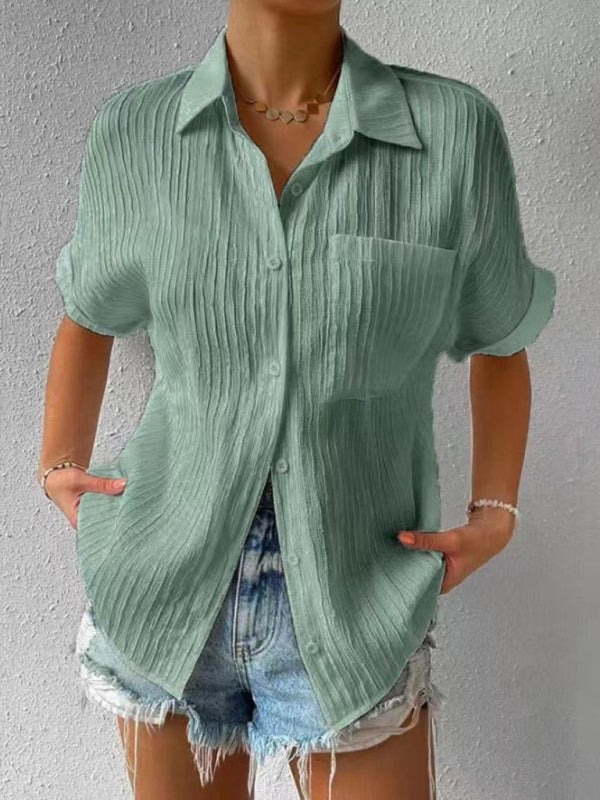 Solid Color Comfortable Casual Sweet Lapel Pocket Cardigan Short Sleeve Shirt - Green / S