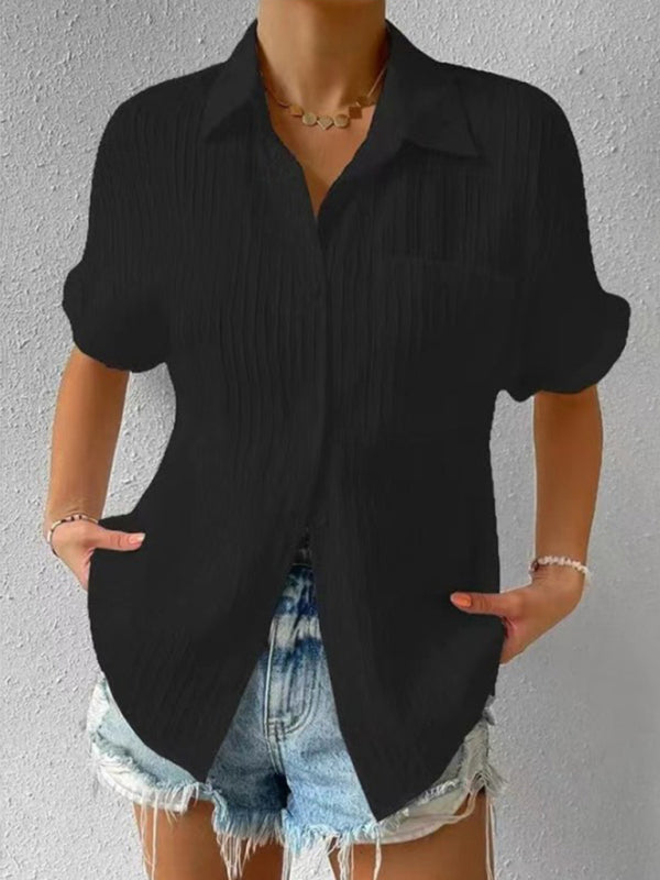 Solid Color Comfortable Casual Sweet Lapel Pocket Cardigan Short Sleeve Shirt - Black / S