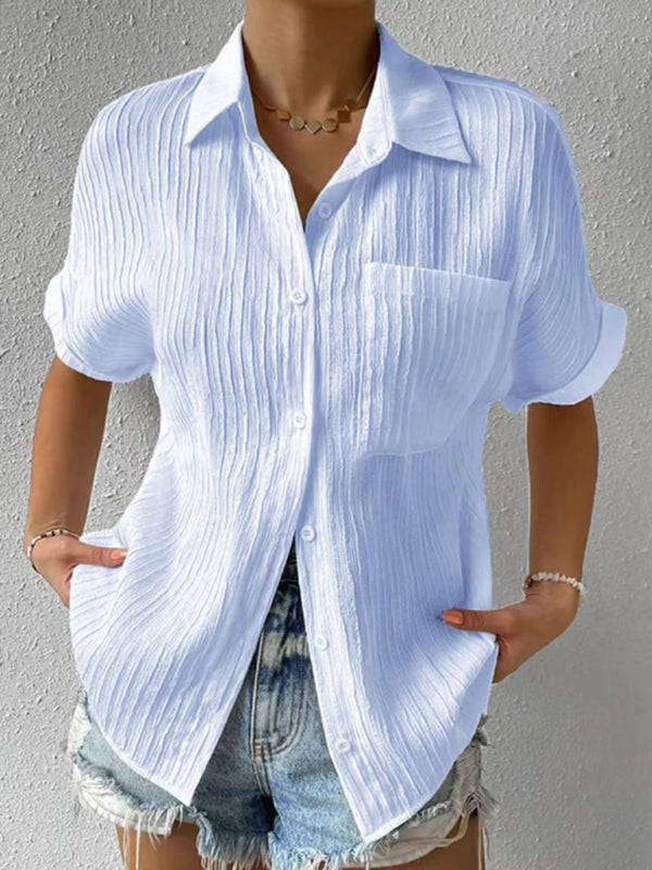 Solid Color Comfortable Casual Sweet Lapel Pocket Cardigan Short Sleeve Shirt - Blue / S