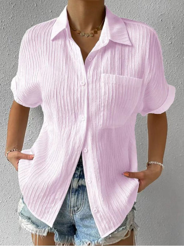 Solid Color Comfortable Casual Sweet Lapel Pocket Cardigan Short Sleeve Shirt - Pink / S