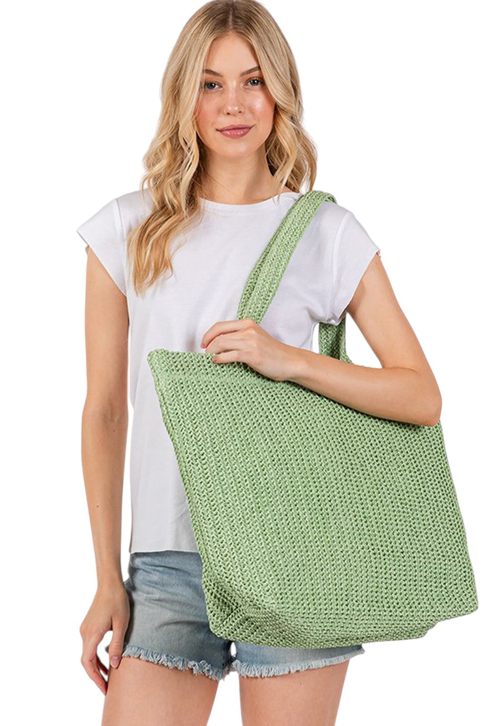 Solid Color Crochet Summer Straw Tote Bag