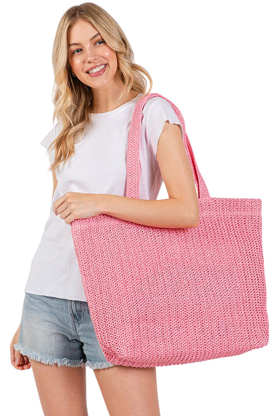 Solid Color Crochet Summer Straw Tote Bag