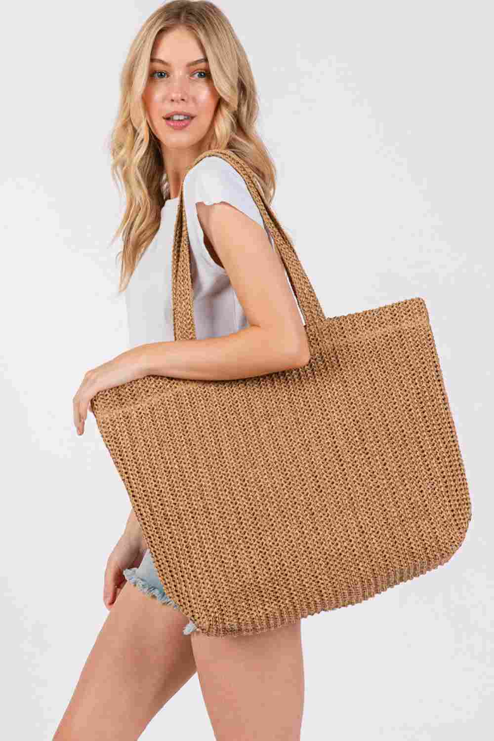 Solid Color Crochet Summer Straw Tote Bag