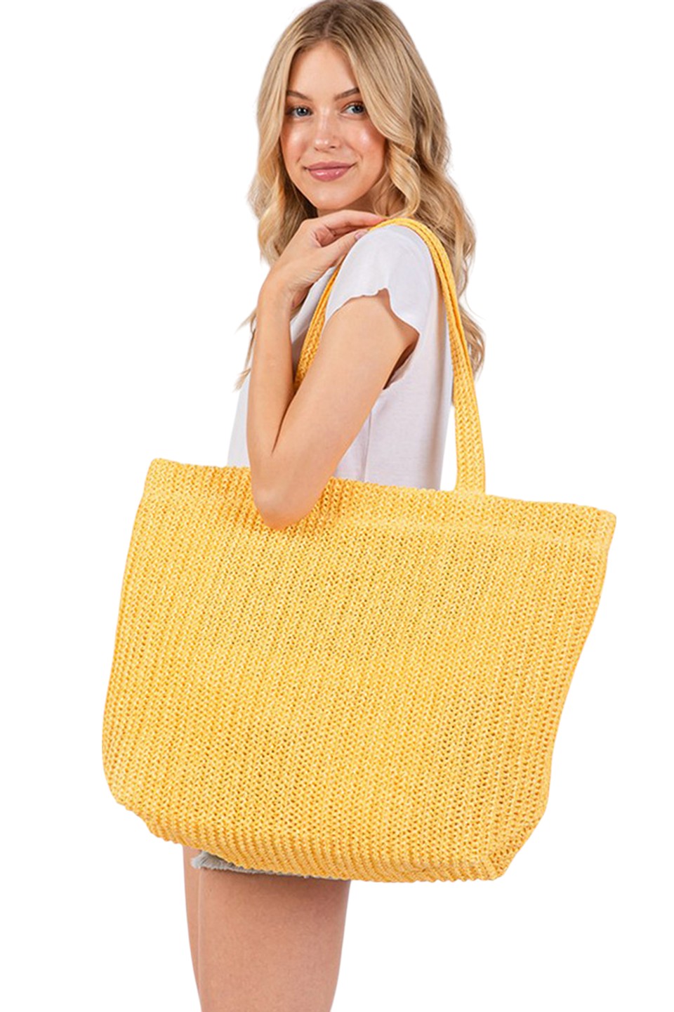 Solid Color Crochet Summer Straw Tote Bag