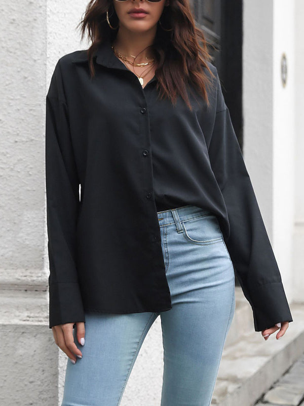 Solid color long-sleeved shirt J simple casual all-match top - Black / S