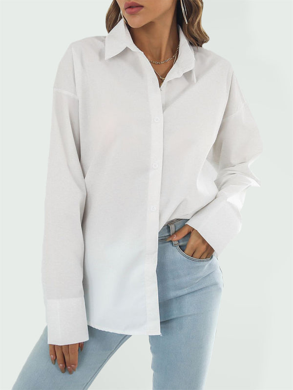 Solid color long-sleeved shirt J simple casual all-match top - White / S