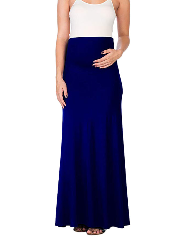 Solid color maternity wear tummy support half-length skirt - Blue / XS