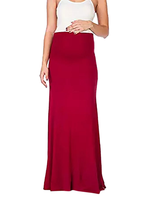 Solid color maternity wear tummy support half-length skirt - Red / XS