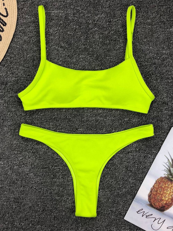 Solid color sexy two-piece swimsuit fluorescent solid color bikini - GreenYellow / S