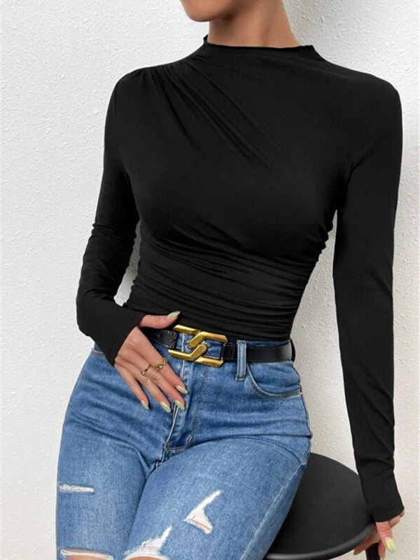 Solid color slim fit versatile ruffled design long-sleeved T-shirt women’s top