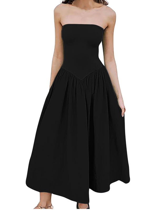 Solid color tube top elegant waist pleated pocket long dress - Black / S