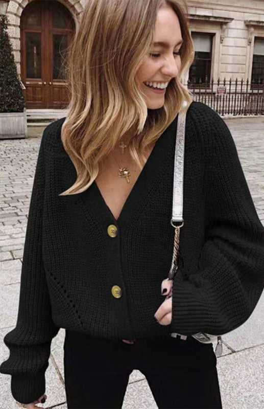 Solid V-Neck Lantern Sleeve Button Knit Cardigan - Black / S