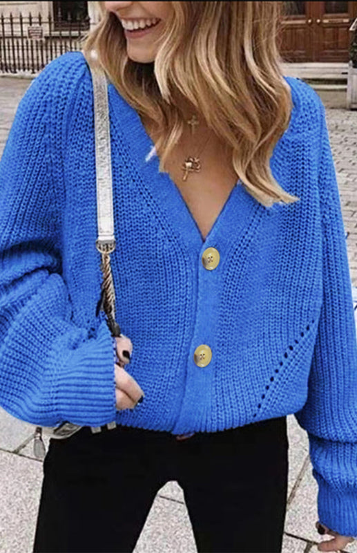 Solid V-Neck Lantern Sleeve Button Knit Cardigan - Blue / S