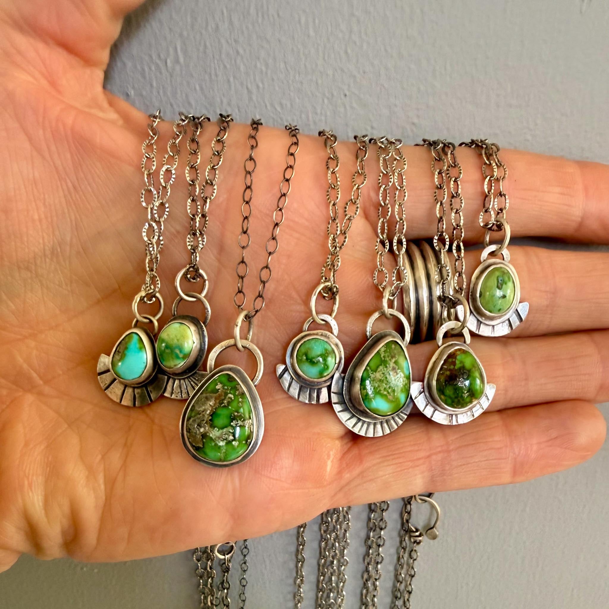 Sonoran Gold Turquoise Necklace in Sterling Silver | Green Teardrop Pendant