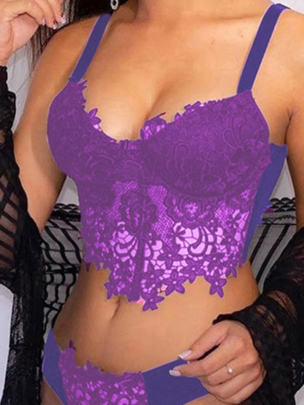 Spaghetti Straps Crochet Lace Hollow Out Bra Thong Lingerie Set - Purple / S