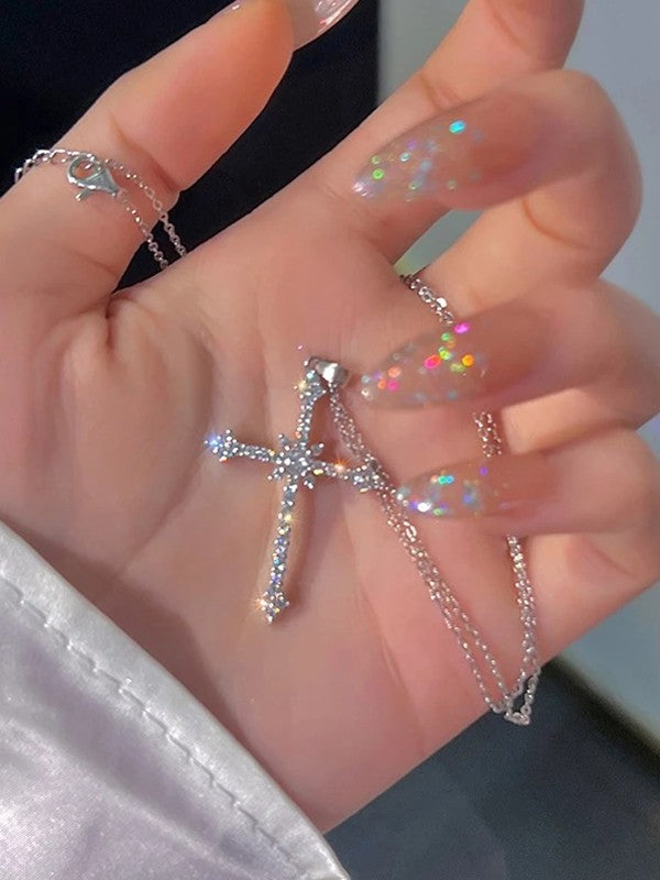 SPARKLING CROSS PENDANT NECKLACE PUNK FAIRY GRUNGE ACCESSORY