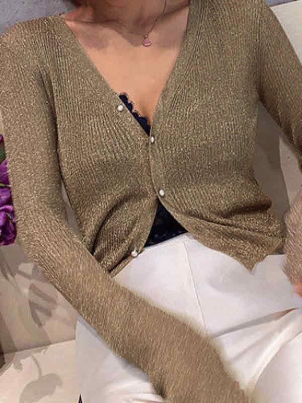 SPARKLY GOLD CARDIGAN WITH PEARL BUTTONS FOR EFFORTLESS STYLE