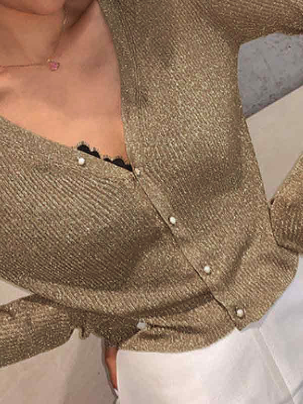 SPARKLY GOLD CARDIGAN WITH PEARL BUTTONS FOR EFFORTLESS STYLE
