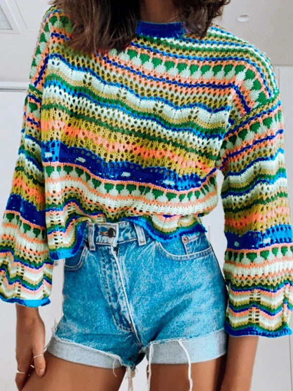 Splicing Knit Sweater Loose Intercolor Foreign Trade Round Neck Striped Sweater Women - Printing 3 / S