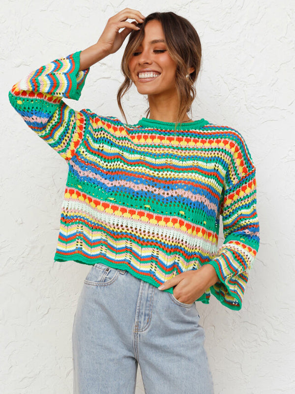 Splicing Knit Sweater Loose Intercolor Foreign Trade Round Neck Striped Sweater Women - Printing 2 / S