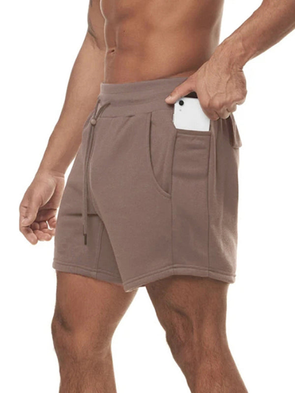 Sports Gym Shorts Men’s Multi Pocket Hanging Towel Running Training Pants Cotton - Coffee / M