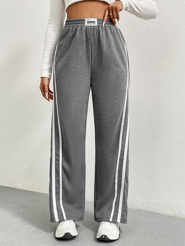 Sports pants high waist loose straight casual sweatpants striped stitching wide leg pants - Grey / S