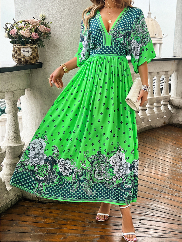 Spring and summer casual holiday printed V-neck long skirt - Green / S