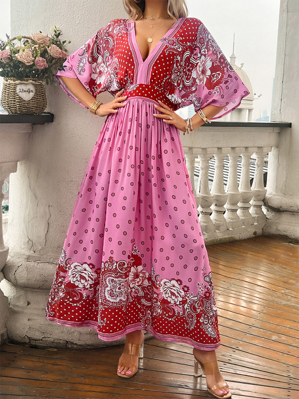 Spring and summer casual holiday printed V-neck long skirt - Pink / S