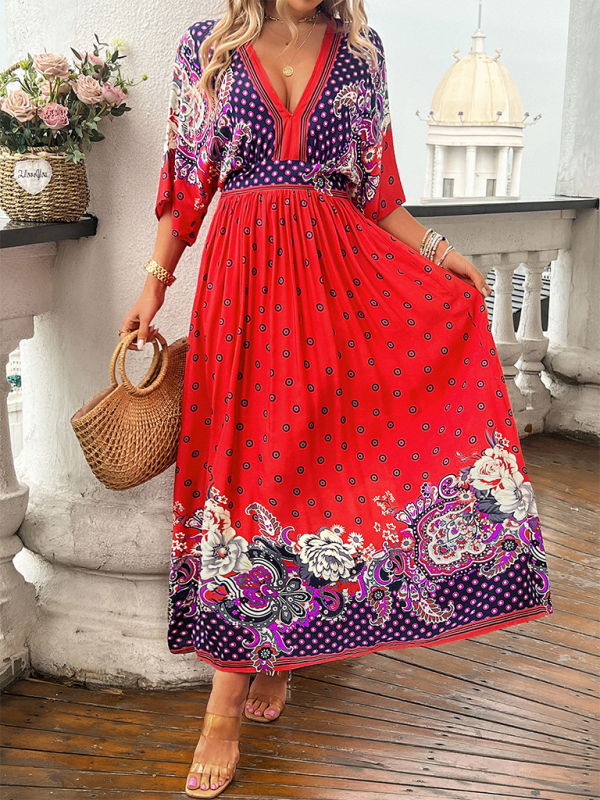 Spring and summer casual holiday printed V-neck long skirt - Red / S