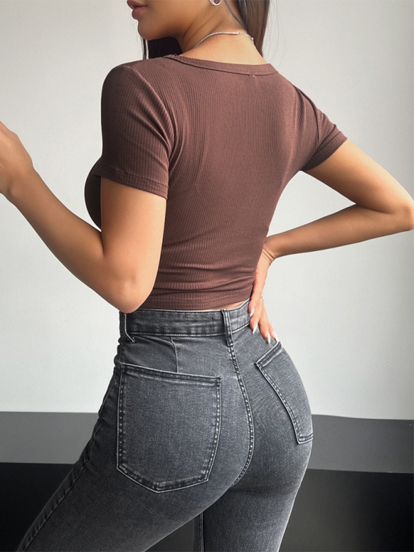 Brown ribbed crop top with gray jeans from Spring and Summer Solid Color Square Neck T-Shirt