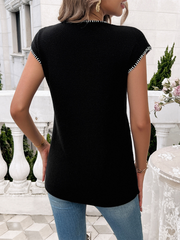 Spring and summer women’s casual short-sleeved contrasting color sweater