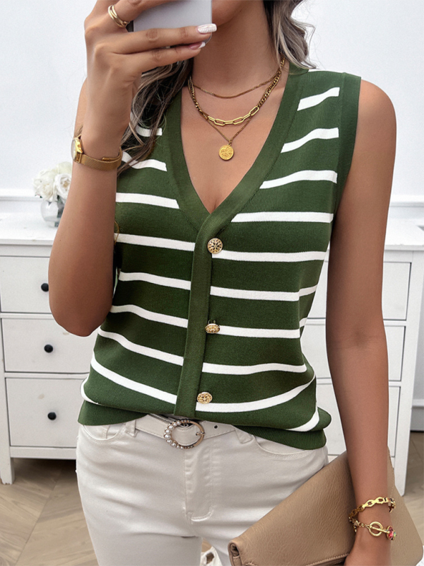 Striped sleeveless button-down top from Spring and Summer Women’s Casual V-Neck Cardigan Sweater