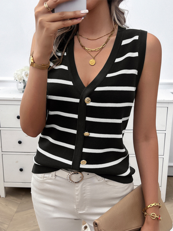 Black and white striped button-down vest from Spring and Summer Women’s Casual V-Neck Cardigan Sweater collection