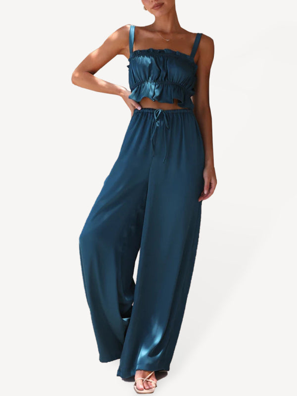 Spring and summer women’s clothing one-neck suspenders wide-leg pants fashion suit - Champlain color / S