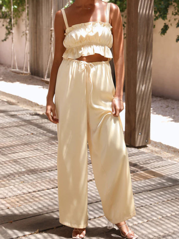 Spring and summer women’s clothing one-neck suspenders wide-leg pants fashion suit - Yellow / S