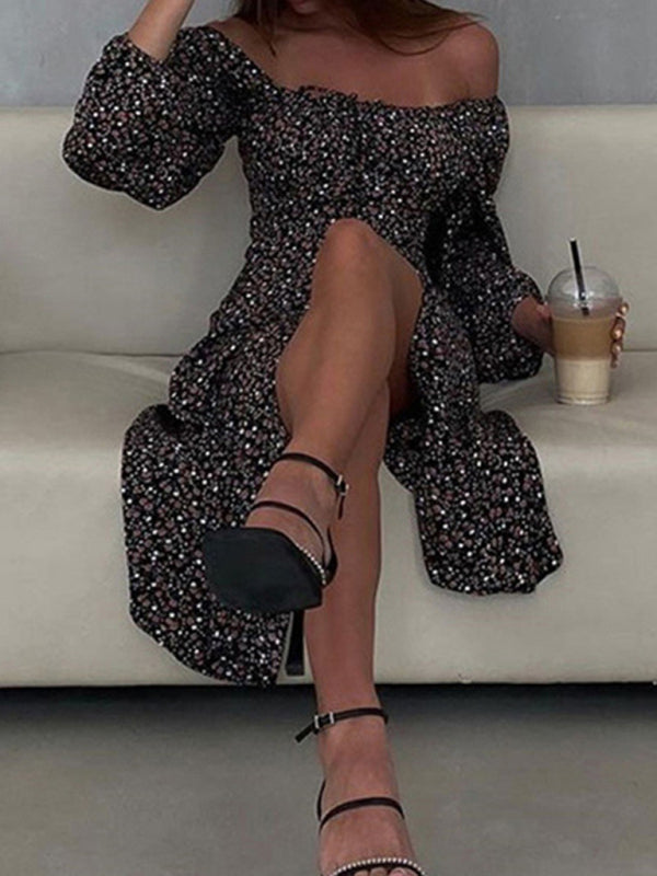 Spring Print French Floral Backless Slim Strap Slit Dress - Black print / S