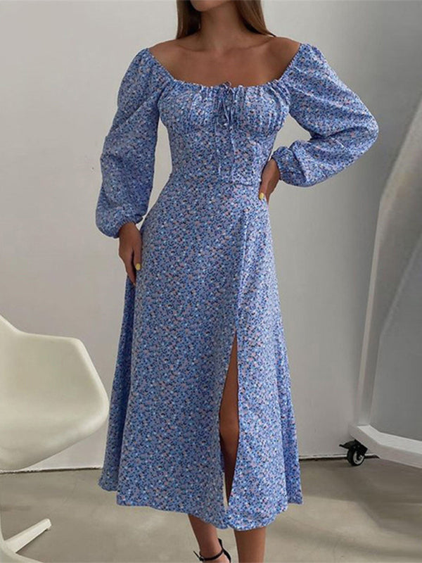 Spring Print French Floral Backless Slim Strap Slit Dress - Blue print / S